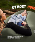 Person relaxing on olive green Inflatable Lounger Couch Portable Air Sofa Chair For Camping Beach Hiking Lawn Backyard And Outdoor Festivals Pump Free No Pump Needed Air Hammock With Airtight Seal And Cozy Pillow Shaped Headrest For Chill Vibes