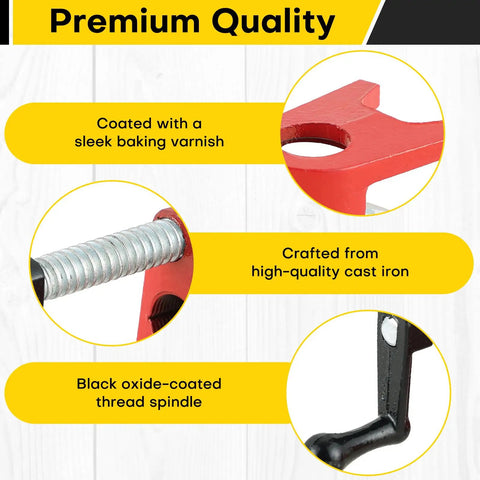 Beefy Heavy Duty Three Quarters Inch Pipe Clamp Set For Woodworking Cast Iron Build With Black Oxide Threads And Durable Baking Varnish Finish For Superior Glue Jobs close-up of cast iron body and threaded spindle