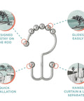 Chrome Shower Curtain Hooks Set Of 12 With Double Roller Glide For Smooth Quiet Operation, detailed features diagram