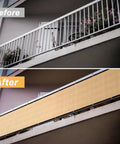 Before and after view of 3 Ft By 50 Ft Privacy Fence Screen Built Tough Mesh Shade Cover for outdoor balcony. Sand color HDPE material.