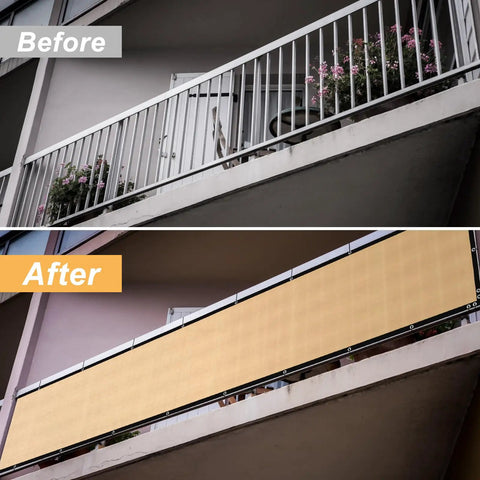 Before and after view of 3 Ft By 50 Ft Privacy Fence Screen Built Tough Mesh Shade Cover for outdoor balcony. Sand color HDPE material.