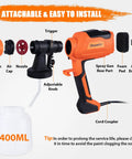 Power HVLP Paint Sprayer With 3 Spray Patterns And 4 Nozzle Sizes For Furniture Cabinets Fences Walls And More, 450W Electric Sprayer Gun components shown with labels and 1400ml container.
