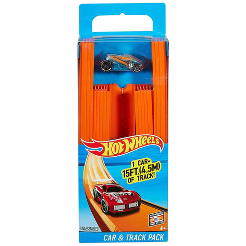 BHT77 Diecast Car And Track Pack in Orange, includes car and 15ft of track, packaged with Hot Wheels branding
