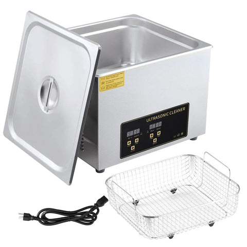Pro 15 Liter Ultrasonic Cleaner Machine With Heater And Digital Timer, stainless steel design with basket and cord visible.