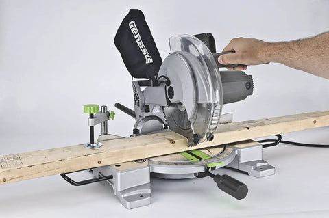 Beefy 15 Amp 10 Inch Compound Miter Saw With Laser Guide And Nine Positive Miter Stops cutting wood with precision on the job site