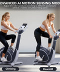 Woman using Indoor Magnetic Exercise Bike With AI Driven Personalization, Built In App, 350 Lbs Capacity, 2 In 1 LCD Monitor And Tablet Holder