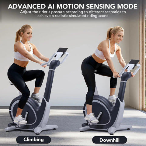 Woman using Indoor Magnetic Exercise Bike With AI Driven Personalization, Built In App, 350 Lbs Capacity, 2 In 1 LCD Monitor And Tablet Holder