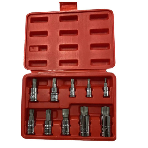 10 Piece 12 Point Triple Square Spline Bit Socket Set in red case for automotive tool kit, chrome alloy steel, precision machined