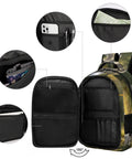 Inside view of Forest Pond Grey Heron Print Unisex Backpack with compartments and pockets, showing storage features.
