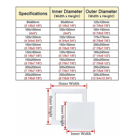 Wood Grain Self Adhesive Access Panel For Plumbing Electrical Hvac Wall Cover With Slick Snap Latch dimensions chart with inner and outer diameter details.