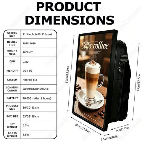 High Quality Premium 21.5 Inch Advertising Lcd Backpack Delivering Slick 1080P Hd Viewing Angles And Plug And Play Wireless Connectivity For Outdoor Mobile Promotions, product dimensions and specifications.