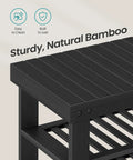 Close-up of 4 Tier Bamboo Shoe Rack Bench Organizer For Entryway And Living Room, sturdy black finish, top corner view.