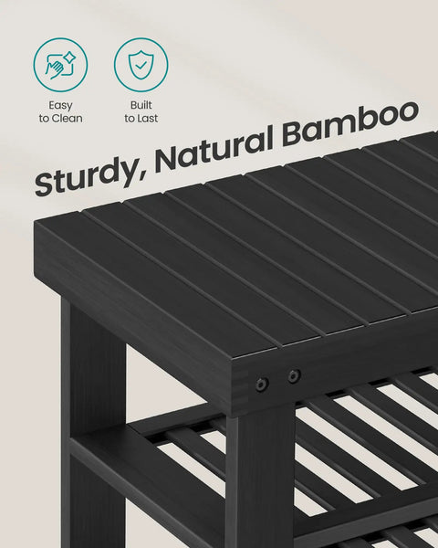 Close-up of 4 Tier Bamboo Shoe Rack Bench Organizer For Entryway And Living Room, sturdy black finish, top corner view.