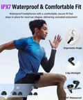 Runner wearing Bluetooth 5.4 Earbuds With Active Noise Canceling And ENC For Quiet Commutes, IPX7 Water Resistance.