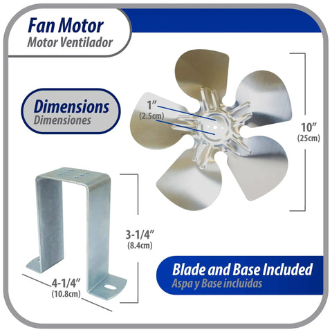 Universal 16W Condenser And Evaporator Fan Motor 115V 60Hz 0.95A With 10In Aluminum Fan Blade and mounting base dimensions.