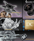 QUORELYNX DC baitcasting reel collage showing carbon fiber body, drag lever, short-spindle aluminum spool, handle.