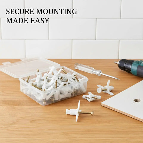 50 Pack M8 Drywall Anchors With Zinc Plated Screws Heavy Duty Hollow Wall Anchor Kit on wooden table with tools
