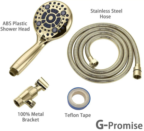 High Pressure Handheld Shower Head With Six Spray Settings Detachable Design, 4.9 Inch Face, 70 Inch Hose, Metal Bracket, Teflon Tape
