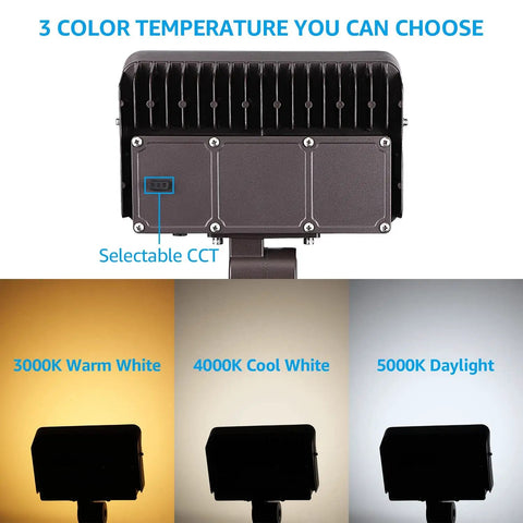 3CCT 100W Knuckle Mount LED Flood Light With 13,000LM, showing selectable temperature options: 3000K, 4000K, 5000K