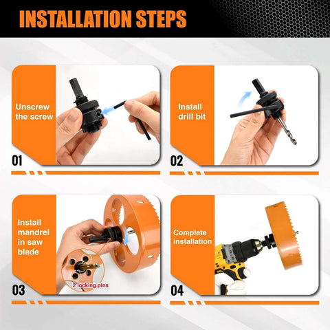 Hole saw kit for recessed can lights, 6.25-inch bi-metal blade with orange mandrel and drill bit, installation steps.
