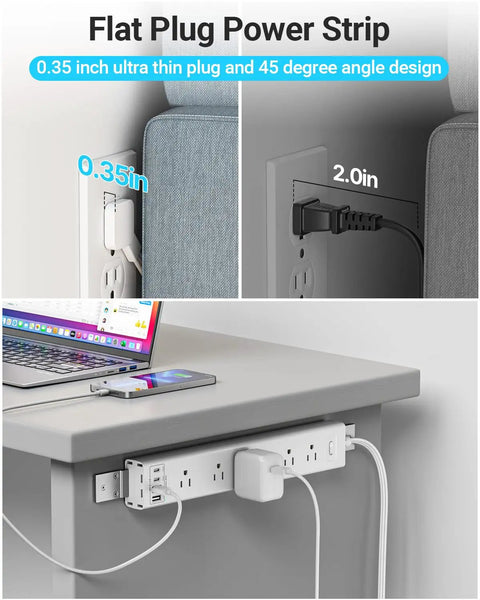360 Degree Mountable Surge Protector Power Strip With Six Foot Cord Six Electrical Outlets And Four USB Ports Two USB C And Two USB A Flat Plug Extension For Under Desk Wall Or Corner Mount White Finish, 12.8in white