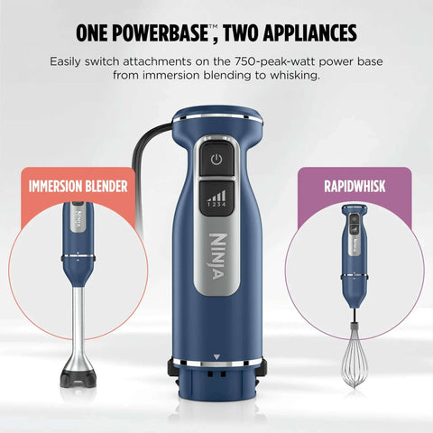 Rock Solid 9 Inch Stainless Steel Immersion Hand Blender And Rapid Whisk Set with power base for blending and whisking.