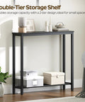 Slick Industrial Console Table For Tight Spaces, Hella Compact Two Tier Sofa Table With Open Storage Shelves, Matte Black Finish behind couch with decorative storage.