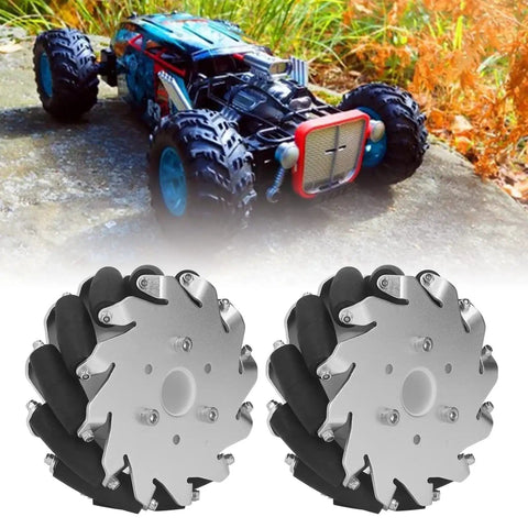 127mm Omnidirectional Wheels For Robotic Cars 45Kg Load 2 Pack Mecanum Wheel Kit For Education Projects Four Way Mobility Quiet And Stable Perfect For Robotics Kits Car Mods And Learning, shown with two dual-roller wheels in front of a toy car.
