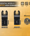 Two oscillating tool blades from 120 Piece Oscillating Tool Blade Set Pro Grade Titanium Universal Multitool Blades For Wood And Metal Heavy Duty Kit Compatible With Dewalt Ryobi Milwaukee Makita Rockwell Fein And More.