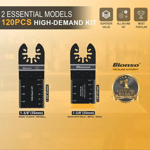 Two oscillating tool blades from 120 Piece Oscillating Tool Blade Set Pro Grade Titanium Universal Multitool Blades For Wood And Metal Heavy Duty Kit Compatible With Dewalt Ryobi Milwaukee Makita Rockwell Fein And More.