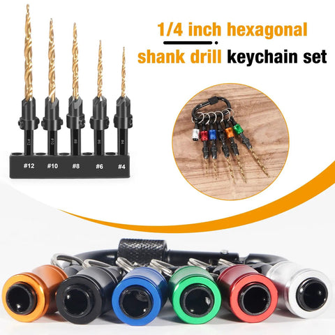 12 Piece Countersink Drill Bit Set With Bit Holder And Storage Case for woodworking, showing hex shank holders and keychain.