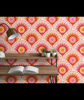 Bold Pink Geometric Sun Wallpaper With Matte Linen Texture Paste To Paper Accent Wall Roll Hella Durable Home Decor Smooth Water Based Ink Chef Kiss Upgrade Vibe, displayed on a modern shelf.