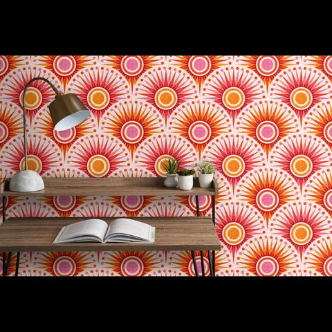 Bold Pink Geometric Sun Wallpaper With Matte Linen Texture Paste To Paper Accent Wall Roll Hella Durable Home Decor Smooth Water Based Ink Chef Kiss Upgrade Vibe, displayed on a modern shelf.