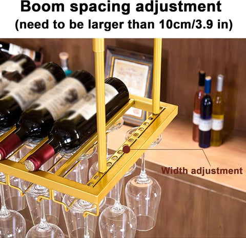 Iron Ceiling Mount Wine Rack Cabinet with adjustable width for hanging bottles and glasses.