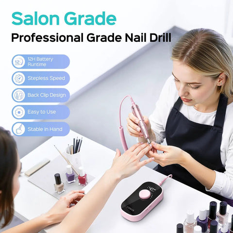 Rechargeable Electric Nail Drill 40000 RPM With Portable Nail File And Storage Stand being used in a salon session