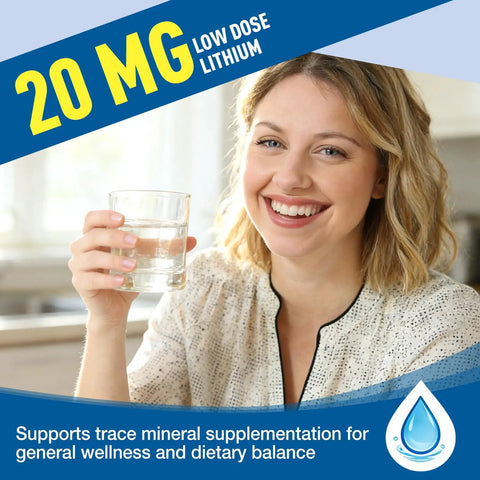 Woman holding glass, promoting Lithium Orotate 20 Mg Supplement For Brain Health And Nerve Support Every Day Boost Low Dose Bioavailable Trace Mineral For Healthy Aging Vegan Non GMO Gluten Free 90 Count