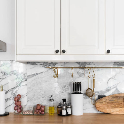 Kitchen with white cabinets featuring 30 Pack 1 1/4 Inch Top Notch Sleek Matte Black Round Kitchen Cabinet Knobs Zinc Solid Drawer Pulls.