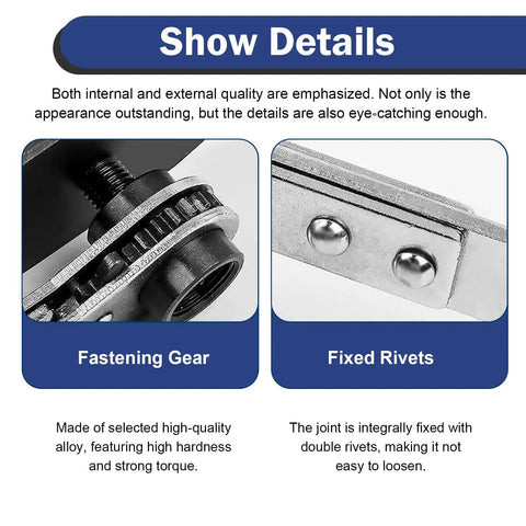 Close-up of fastening gear and fixed rivets on Ratchet Style Brake Caliper Press Tool In Steel.