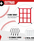 Game Ready Pitch Back Rebounder Net For Baseball And Softball With 3 Adjustable Angles 4x4.5Ft showing 9-grid target, bungee cords, metal stakes