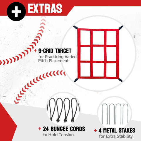 Game Ready Pitch Back Rebounder Net For Baseball And Softball With 3 Adjustable Angles 4x4.5Ft showing 9-grid target, bungee cords, metal stakes