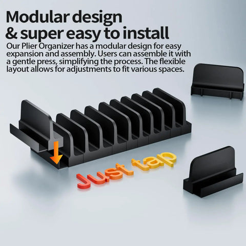 44 Piece Plier Organizer Set For Toolboxes And Drawers Modular Holder System With 20 Large Slots And 22 Small Slots Black Finish Great For Pros And DIYers, showing modular black design.