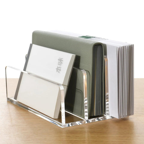 Clear Acrylic 3 Compartment Mail Holder And Desk Organizer for bills, documents, and notebooks; side view on a desk.