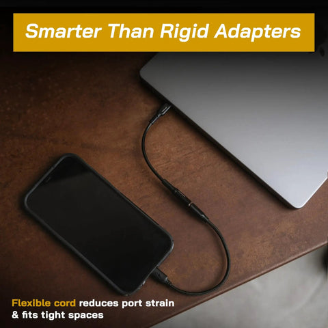 Lock Down Your Data With This USB C Data Blocker Adapter Stops Juice Jacking Cold Fast Charge Only Mode Pocket Travel Essential Secure Your Phone Daily Black 2 Pack flexible cord connecting phone to laptop on desk