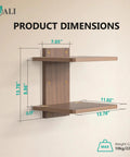 Wall Mounted Two Tier Floating Media Shelf In Rich Walnut Brown For Projectors And DVD Players With No Sweat Cable Routing and dimensions marked.