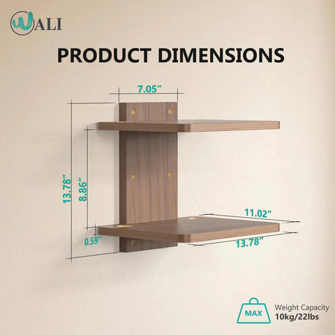 Wall Mounted Two Tier Floating Media Shelf In Rich Walnut Brown For Projectors And DVD Players With No Sweat Cable Routing and dimensions marked.