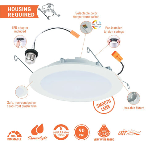 Sleek Six Inch Led Recessed Light Slim Trim Retrofit Kit Featuring 5Cct Switching drop-in install with color temperature switch.