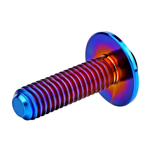 High Performance Grade Five Titanium Torx Bolts And Dished Head Screws In Bold Burnt Blue Finish M5 And M6 Sizes With M6 By 20 Millimeter Spec For Street Legal Builds, showing dished head and threaded shaft.