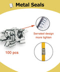 Heavy Duty Full Set Pallet Strapping Kit With Poly Strap Tensioner And Band Sealer Half By Four Thousand Inch Polypropylene Roll Plus One Hundred Metal Seals, 100 pcs of serrated metal seals for secure strapping.