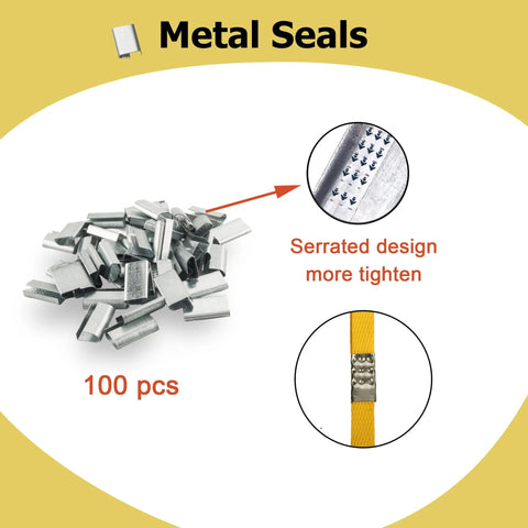 Heavy Duty Full Set Pallet Strapping Kit With Poly Strap Tensioner And Band Sealer Half By Four Thousand Inch Polypropylene Roll Plus One Hundred Metal Seals, 100 pcs of serrated metal seals for secure strapping.