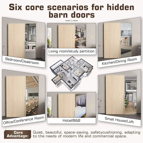 Six core scenarios for concealed sliding barn door hardware with soft close for 24 to 28 inch passage openings, hidden sliding door hardware